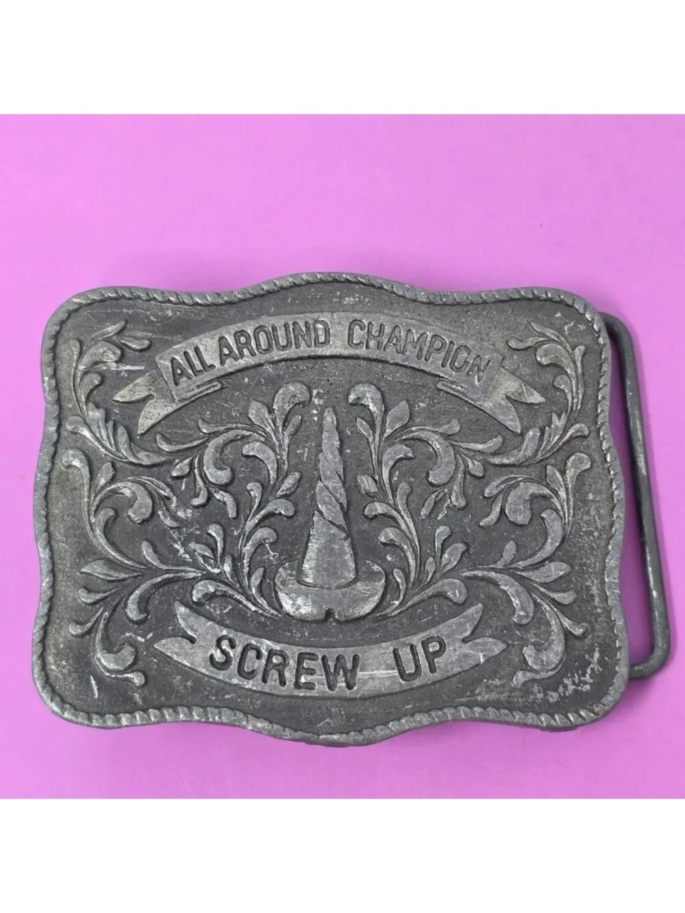 All Around Champion Screw Up Cowboy Western Belt Buckle‎ Silver Tone
